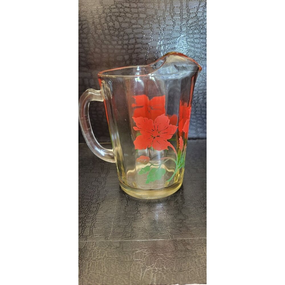 Vintage Heavy Glass Panel Red and Green Floral Pattern Tea Pitcher